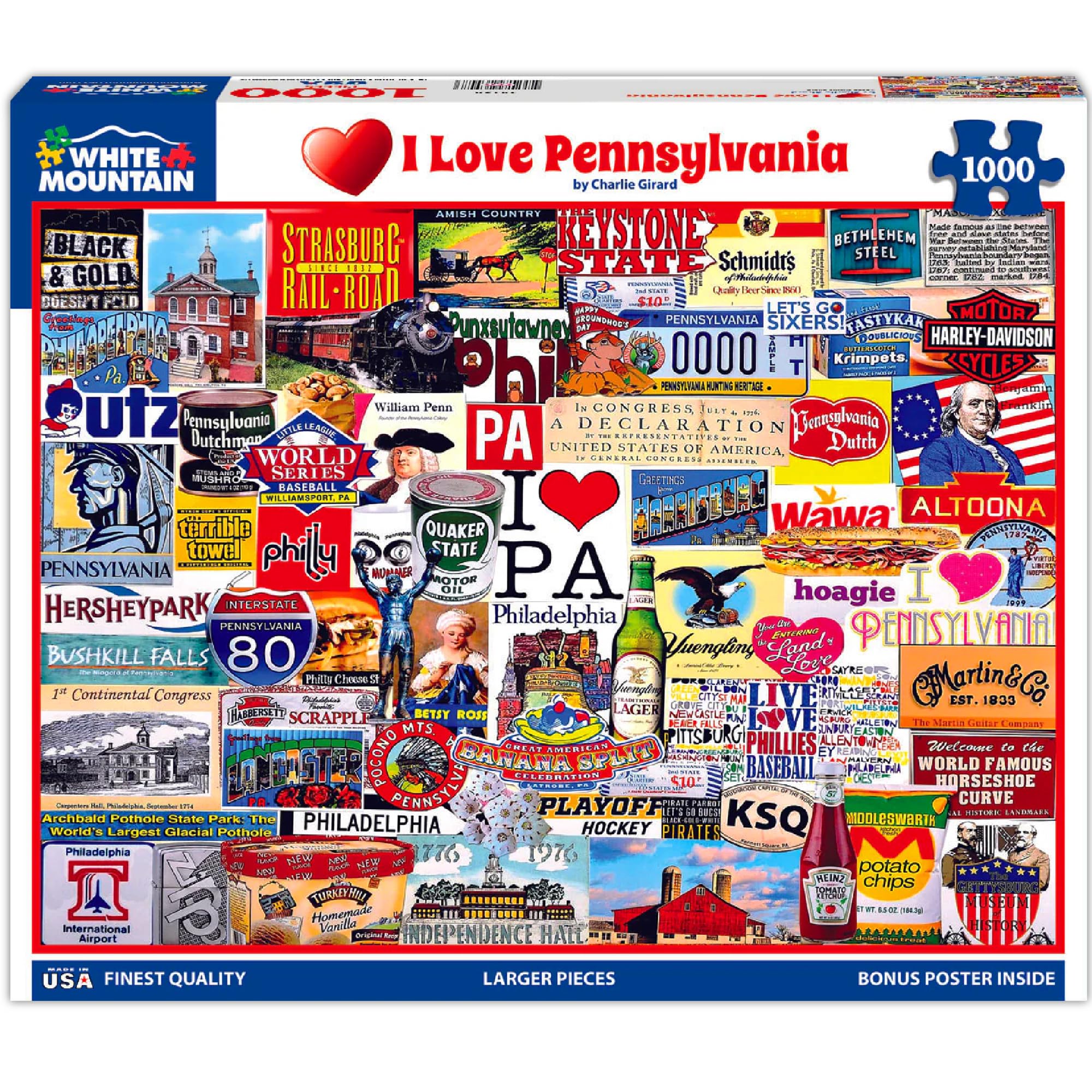 White Mountain I Love Pennsylvania puzzle cover with vivid artwork for family fun.