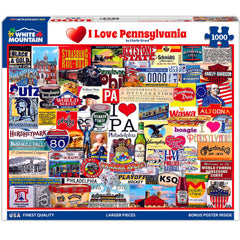 White Mountain I Love Pennsylvania puzzle cover with vivid artwork for family fun.