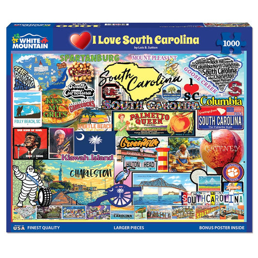 White Mountain I Love South Carolina puzzle packaging with vibrant cover art and clear preview