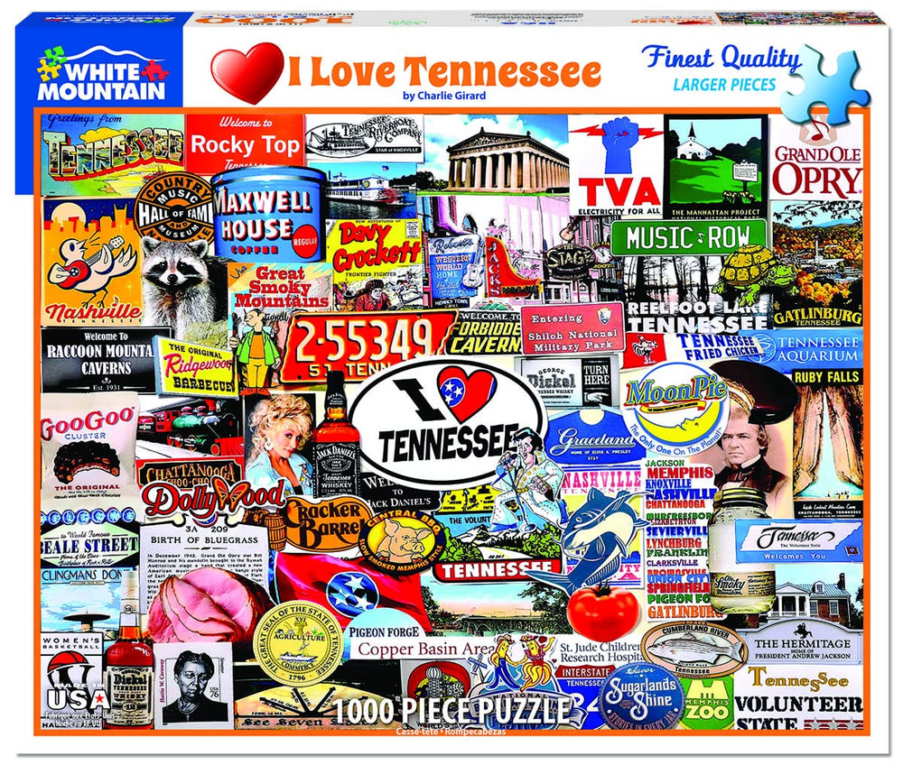 White Mountain I Love Tennessee puzzle cover showing a vibrant Tennessee scene for family game night