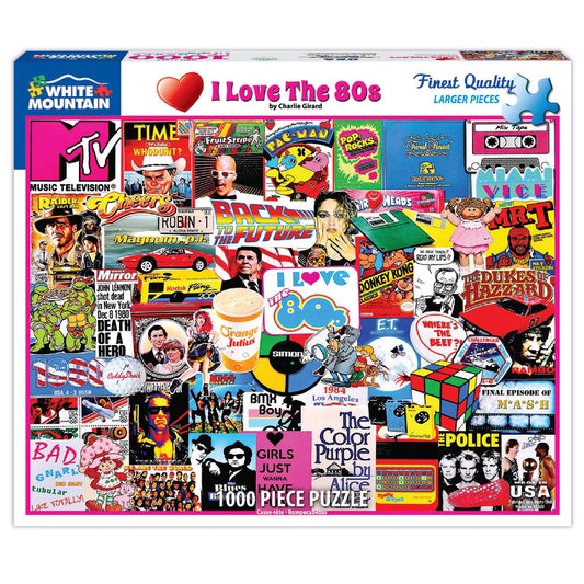 White Mountain I Love the 1980s puzzle collage - vivid retro scenes for family game night.