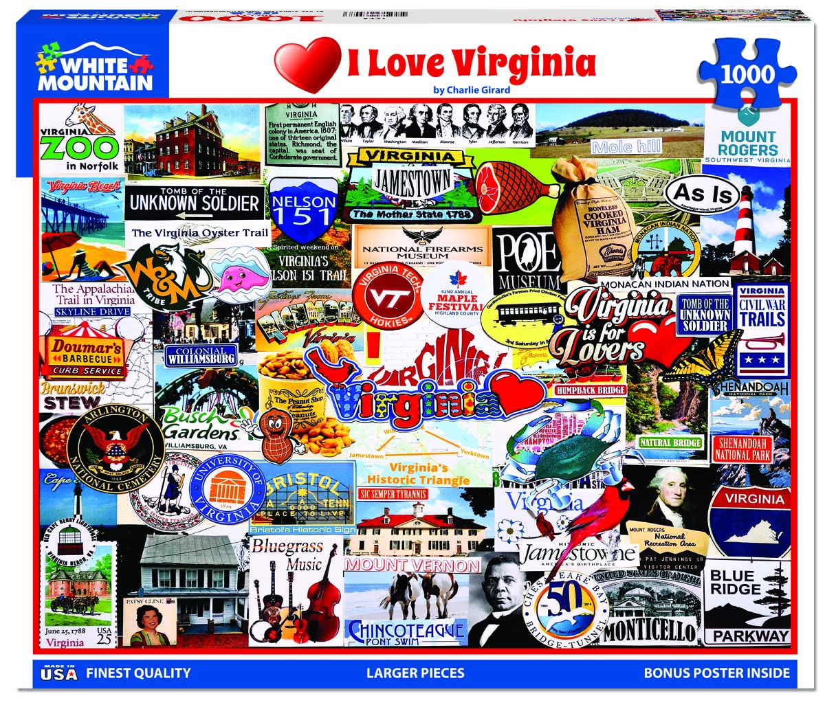 White Mountain I Love Virginia puzzle pieces close-up highlighting large, easy-to-handle pieces.