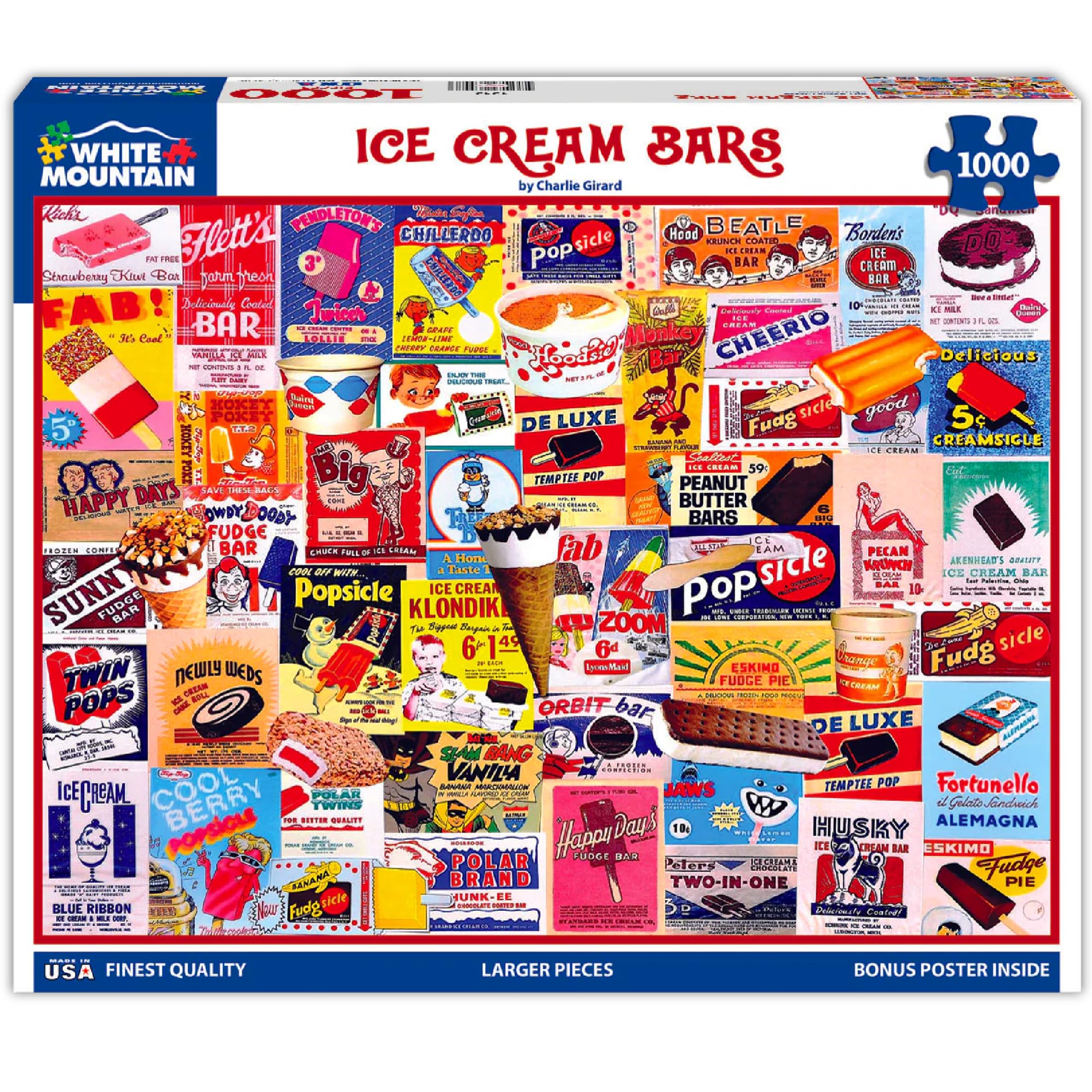 White Mountain Ice Cream Bars puzzle cover featuring vintage ads for nostalgic family fun