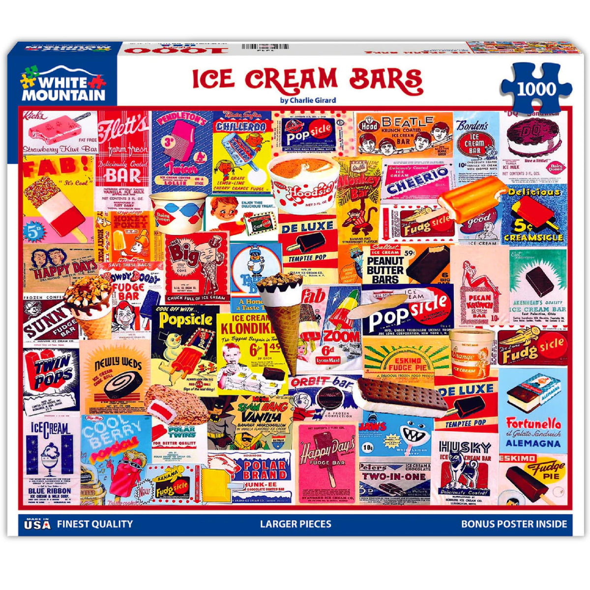 White Mountain Ice Cream Bars puzzle cover featuring vintage ads for nostalgic family fun