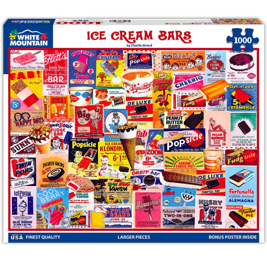 White Mountain Ice Cream Bars puzzle cover featuring vintage ads for nostalgic family fun