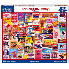White Mountain Ice Cream Bars puzzle cover featuring vintage ads for nostalgic family fun