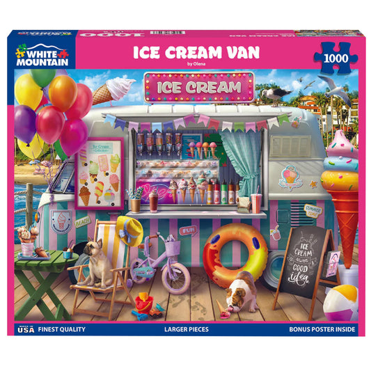 White Mountain Ice Cream Van puzzle side view bright pastel scene for relaxing evenings.