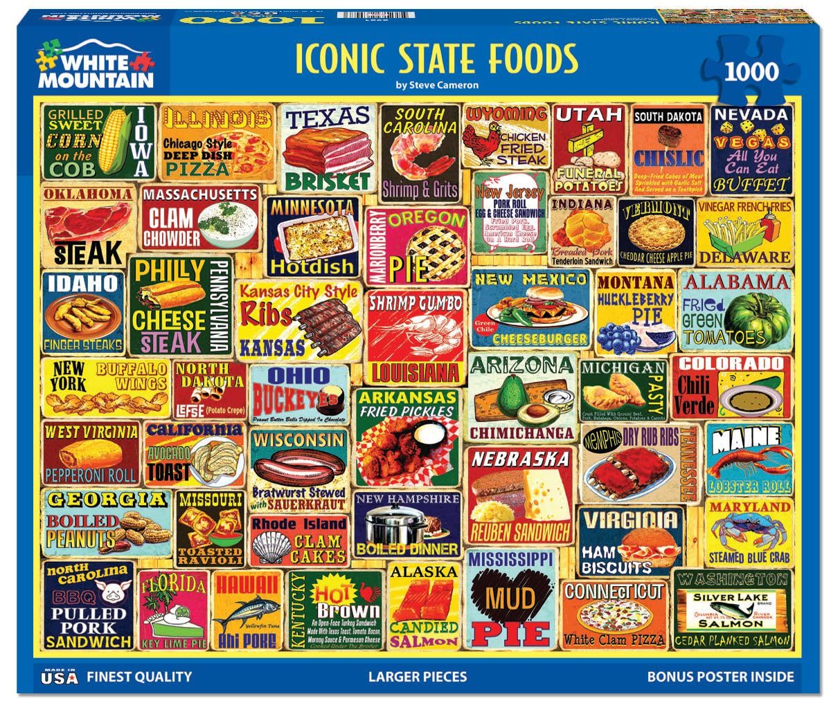 White Mountain Iconic State Foods Puzzle box, 1000-piece set for family fun.