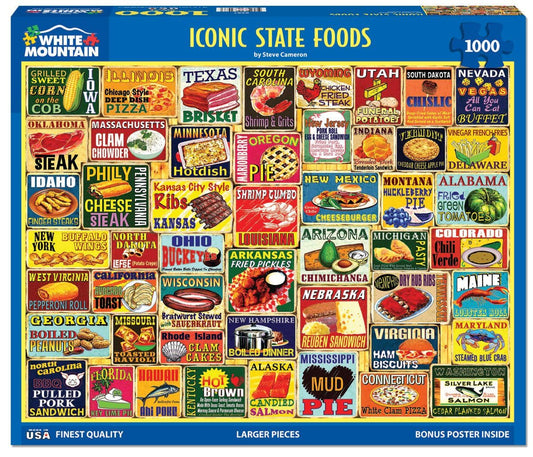 White Mountain Iconic State Foods Puzzle box, 1000-piece set for family fun.