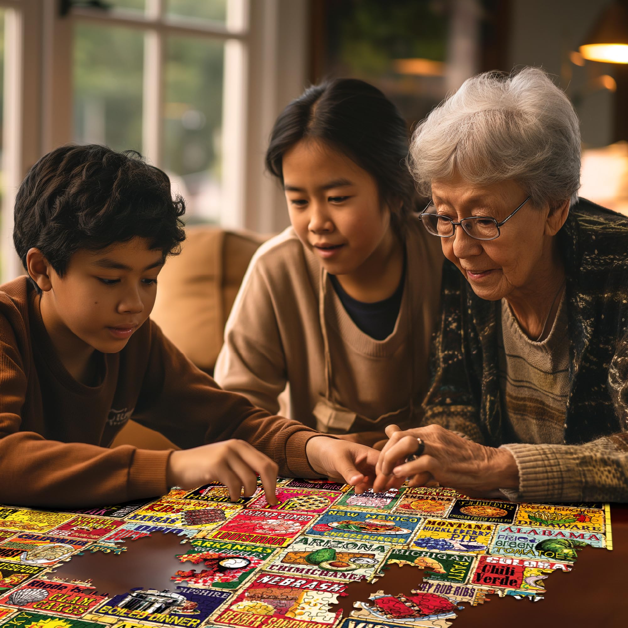 White Mountain Iconic State Foods Puzzle manufactured in the USA, high quality.
