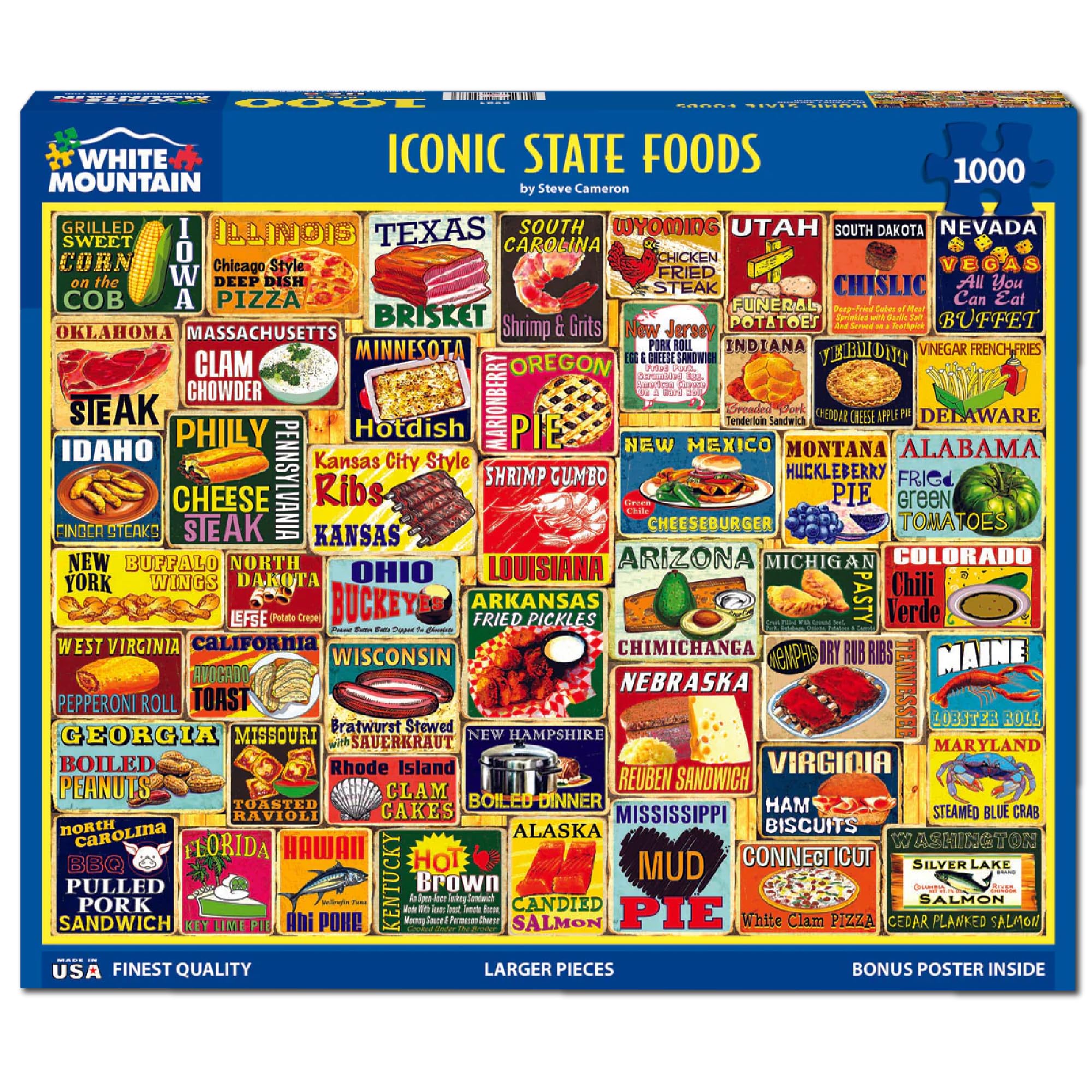 White Mountain Iconic State Foods Puzzle pieces, easy-grip design for quick assembly.