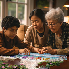 White Mountain Joelle McIntyre coastal artwork puzzle evokes tranquil beach mood.