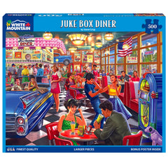 White Mountain juke-box-diner-puzzle layout boosts focus and relaxation with nostalgic imagery