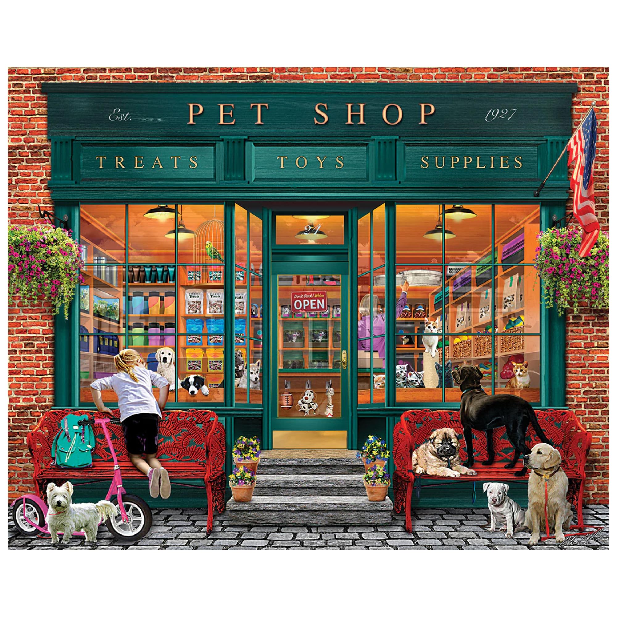 White Mountain Local Pet Store puzzle box front, cozy storefront scene for family game night