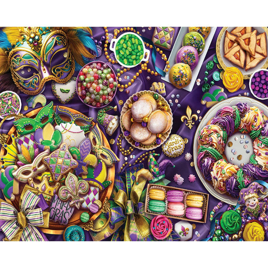 White Mountain Mardi Gras puzzle table with masks and beads for festive fun.
