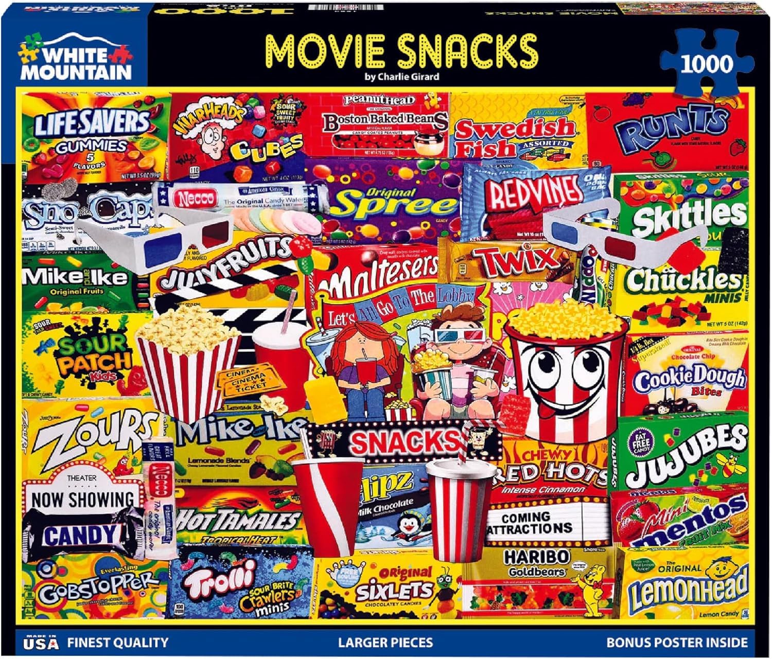 White Mountain Movie Snacks puzzle cover with vibrant scenes for family fun.