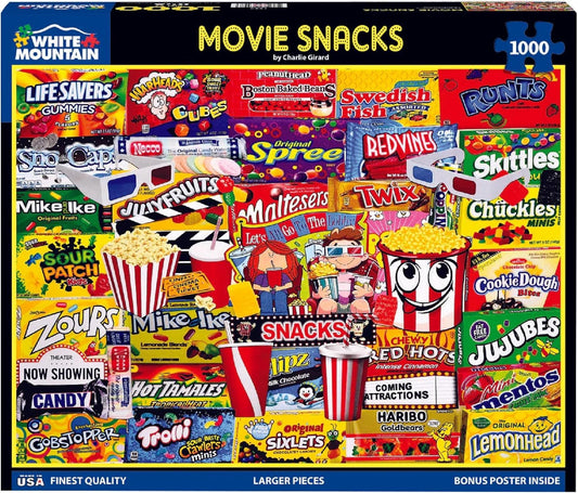White Mountain Movie Snacks puzzle cover with vibrant scenes for family fun.