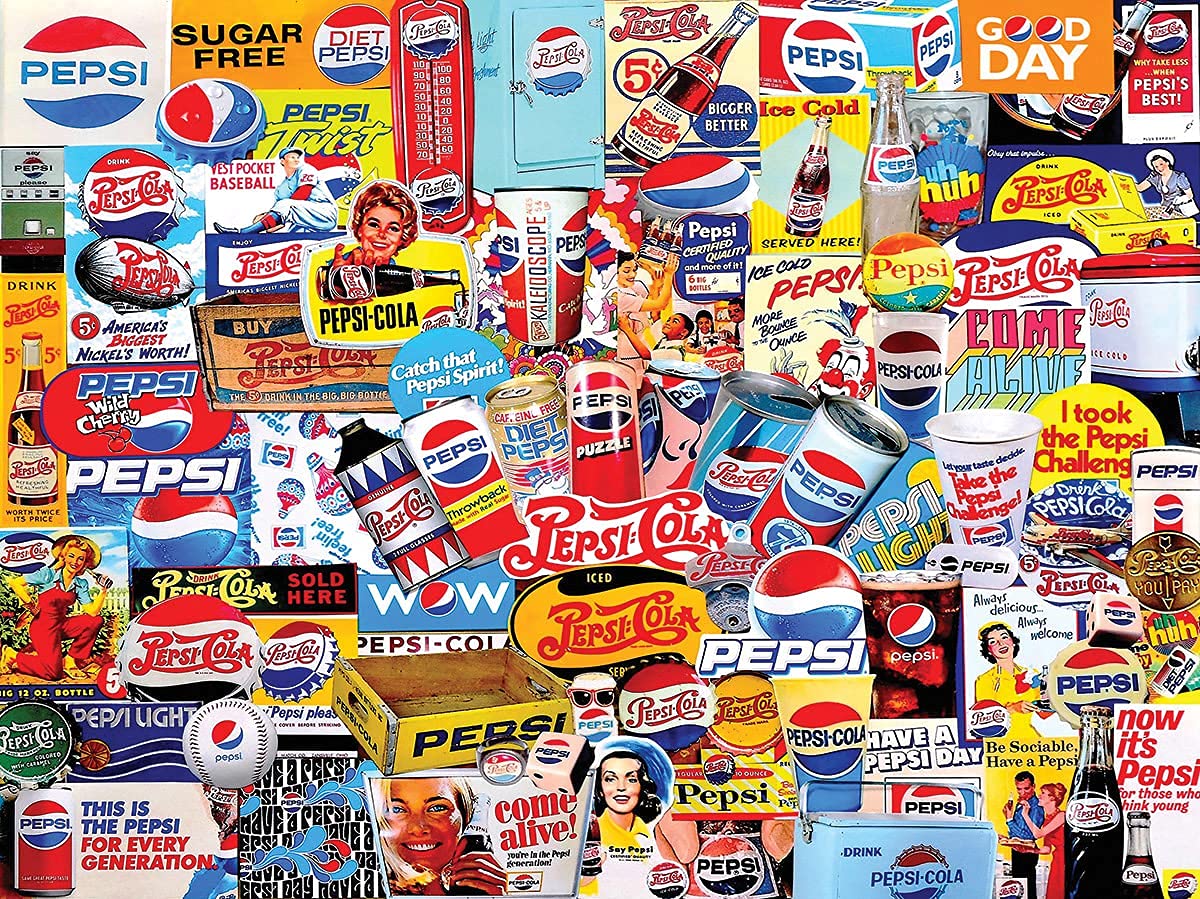 White Mountain Pepsi puzzle collage with vintage advertising for nostalgic family nights.