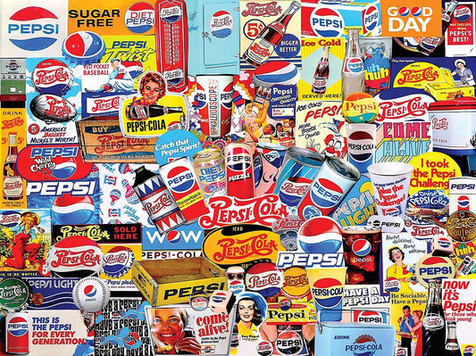 White Mountain Pepsi puzzle collage with vintage advertising for nostalgic family nights.