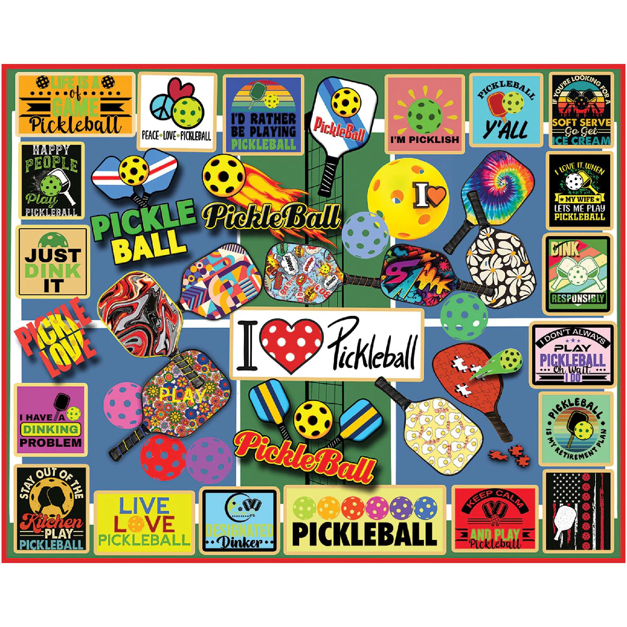 White Mountain Pickleball Puzzle 1000-piece set with colorful paddles for family fun