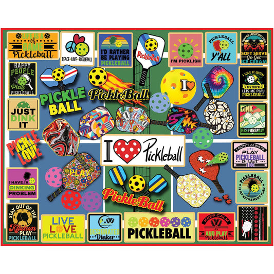 White Mountain Pickleball Puzzle 1000-piece set with colorful paddles for family fun