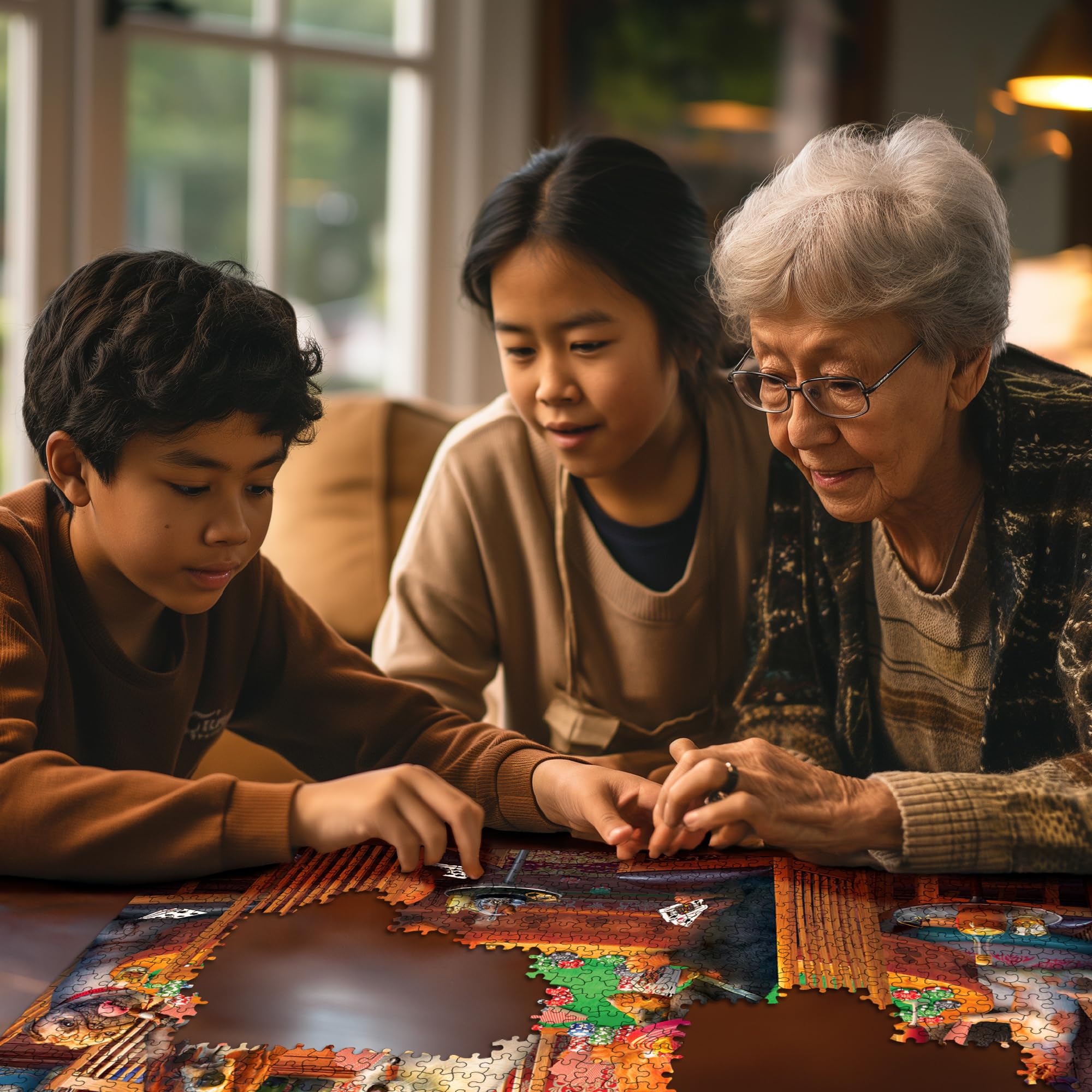 White Mountain Poker Dogs pieces scattered during a family puzzle night, promoting bonding.