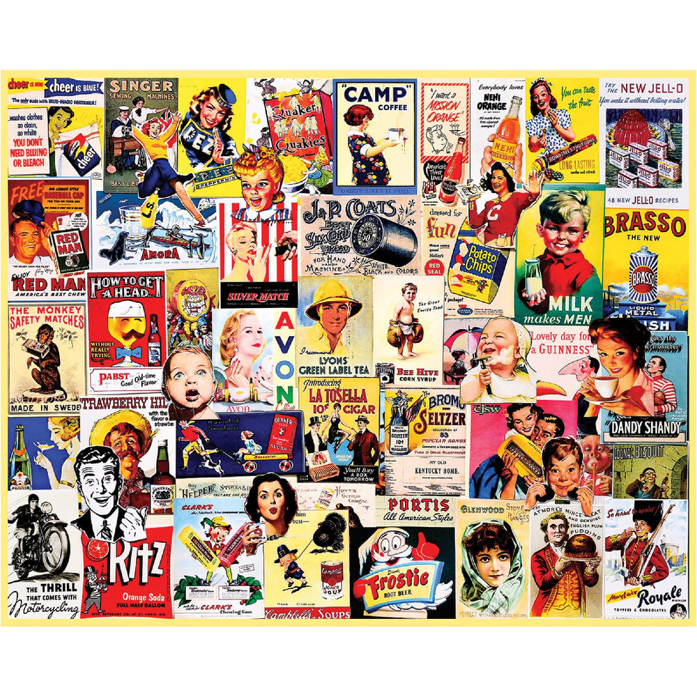 White Mountain 500-piece collage with bold retro artwork and vivid colors
