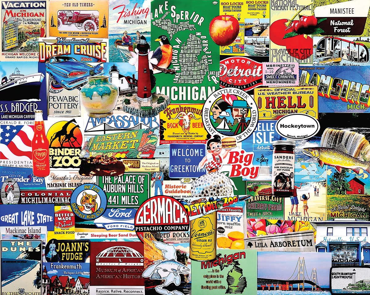 White Mountain puzzle I Love Michigan collage artists close-up highlights varied Michigan scenes