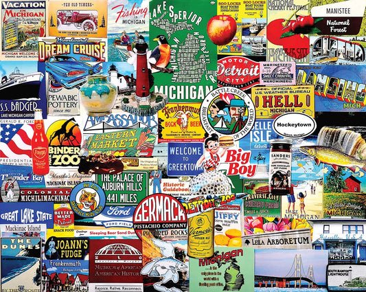 White Mountain puzzle I Love Michigan collage artists close-up highlights varied Michigan scenes