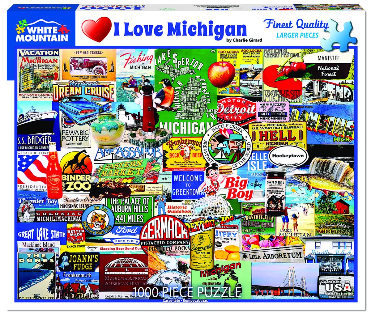 White Mountain puzzle I Love Michigan cover featuring bold collage for family fun