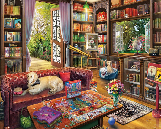 White Mountain Puzzle Library spring scene—easy-to-handle 1000-piece puzzle for family fun.