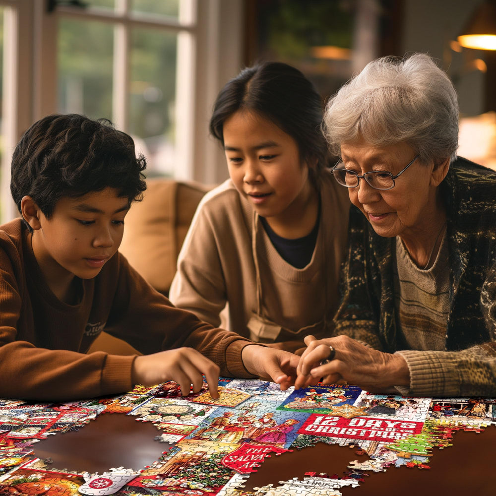 White Mountain USA-made puzzle symbol and quality construction for dependable family fun.