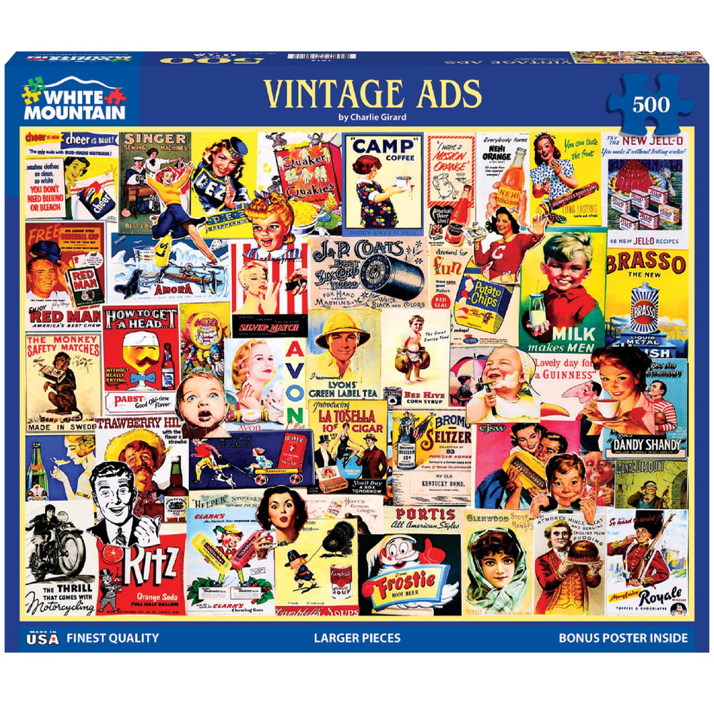 White Mountain puzzle cover showing vintage ads, ideal for relaxing family time