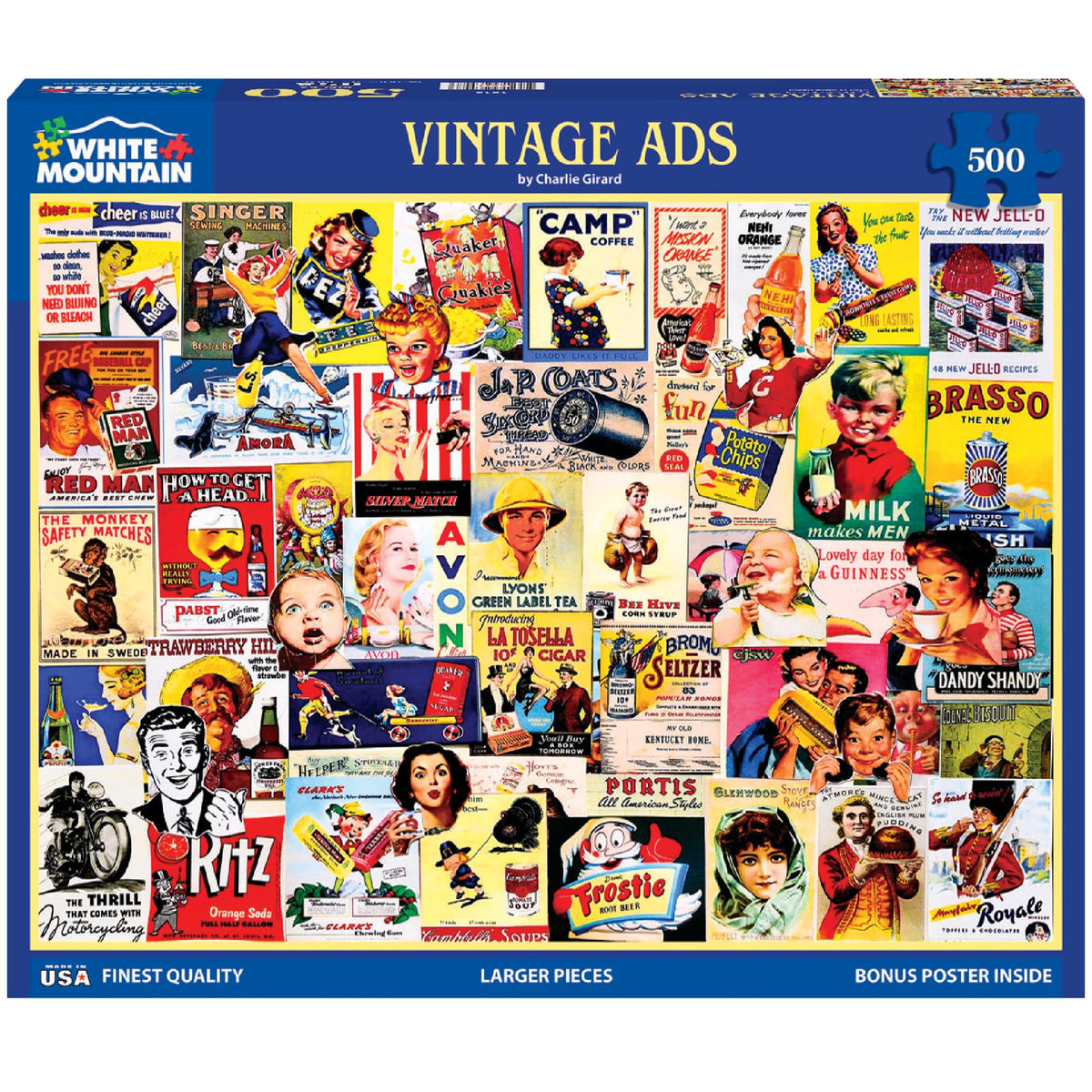 White Mountain puzzle cover showing vintage ads, ideal for relaxing family time