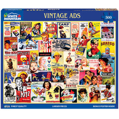 White Mountain puzzle cover showing vintage ads, ideal for relaxing family time