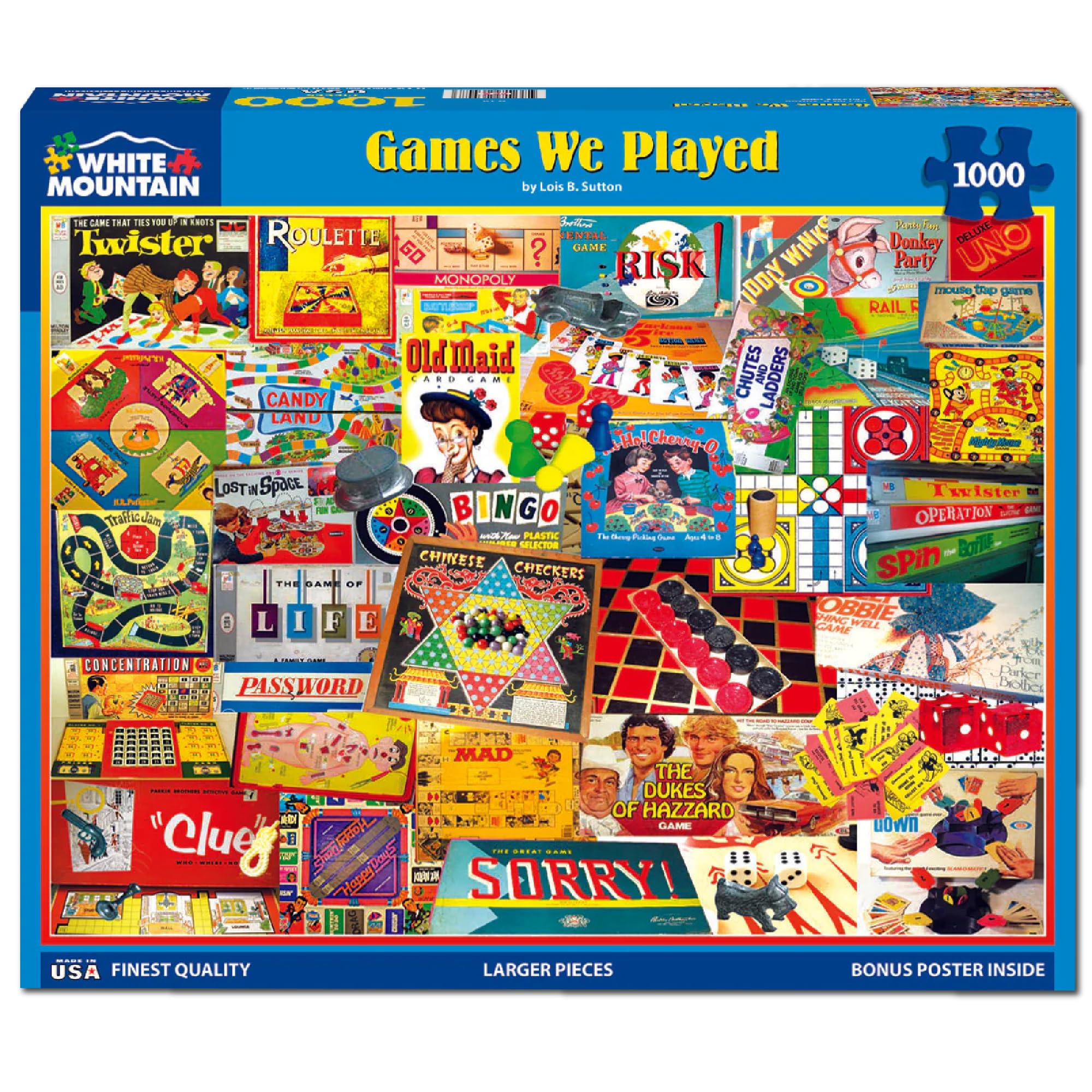 White Mountain Puzzles 1000-piece puzzle box shows a premium, sturdy design for lasting use.