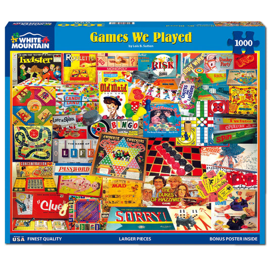 White Mountain Puzzles 1000-piece puzzle box shows a premium, sturdy design for lasting use.