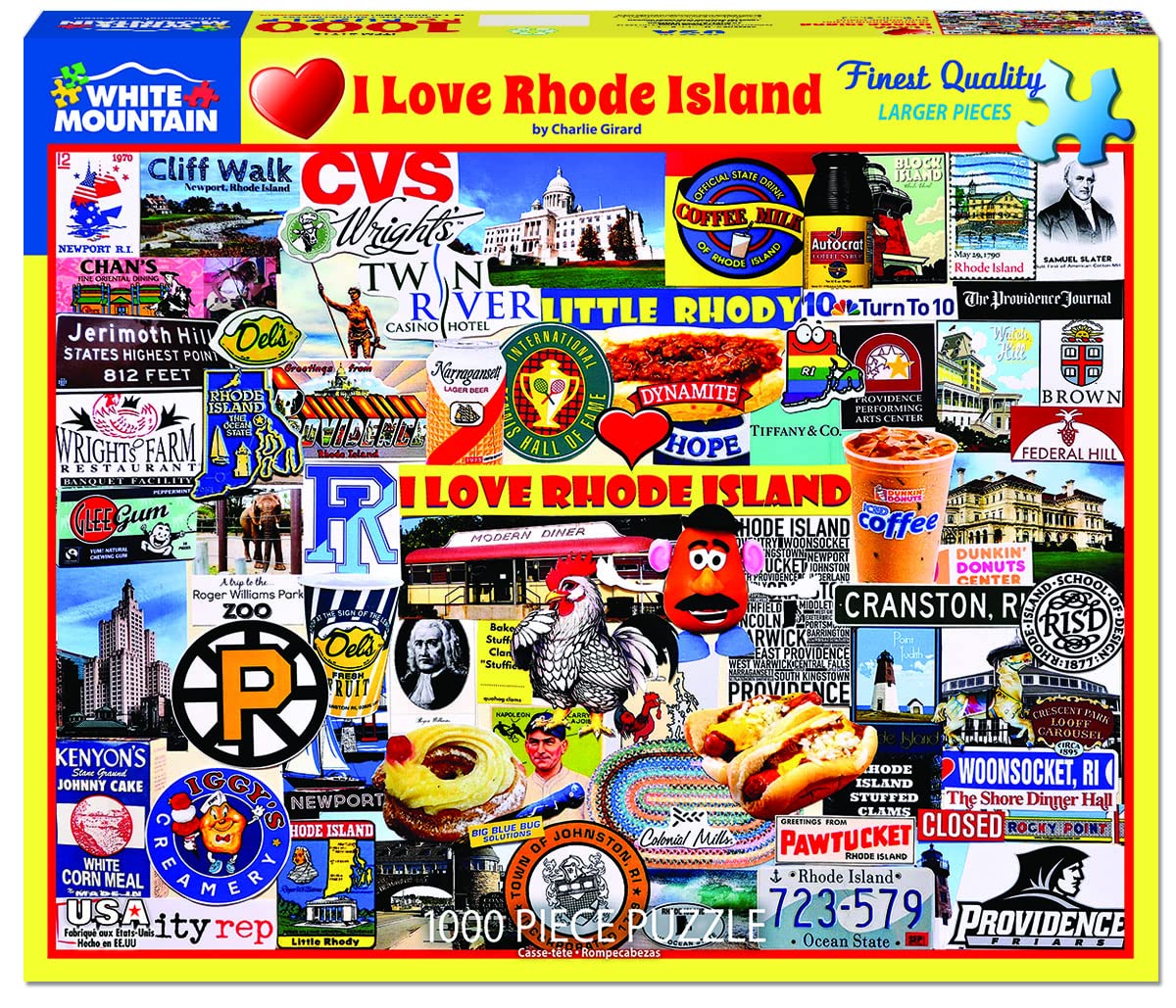 White Mountain 1000-piece puzzle image highlights Rhode Island icons for group play.