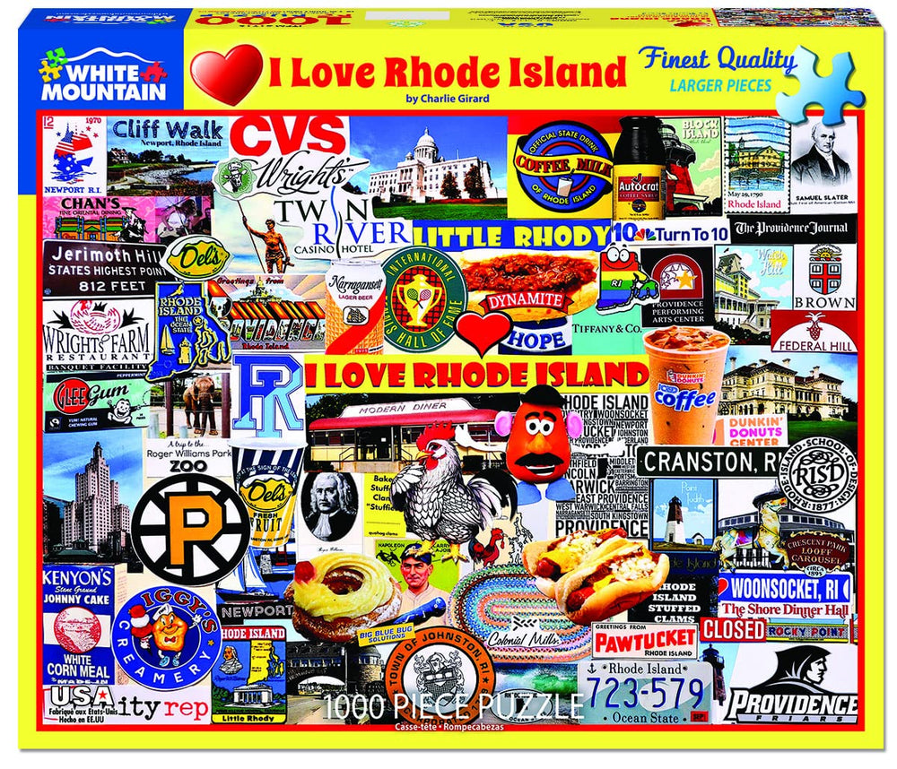 White Mountain 1000-piece puzzle image highlights Rhode Island icons for group play.