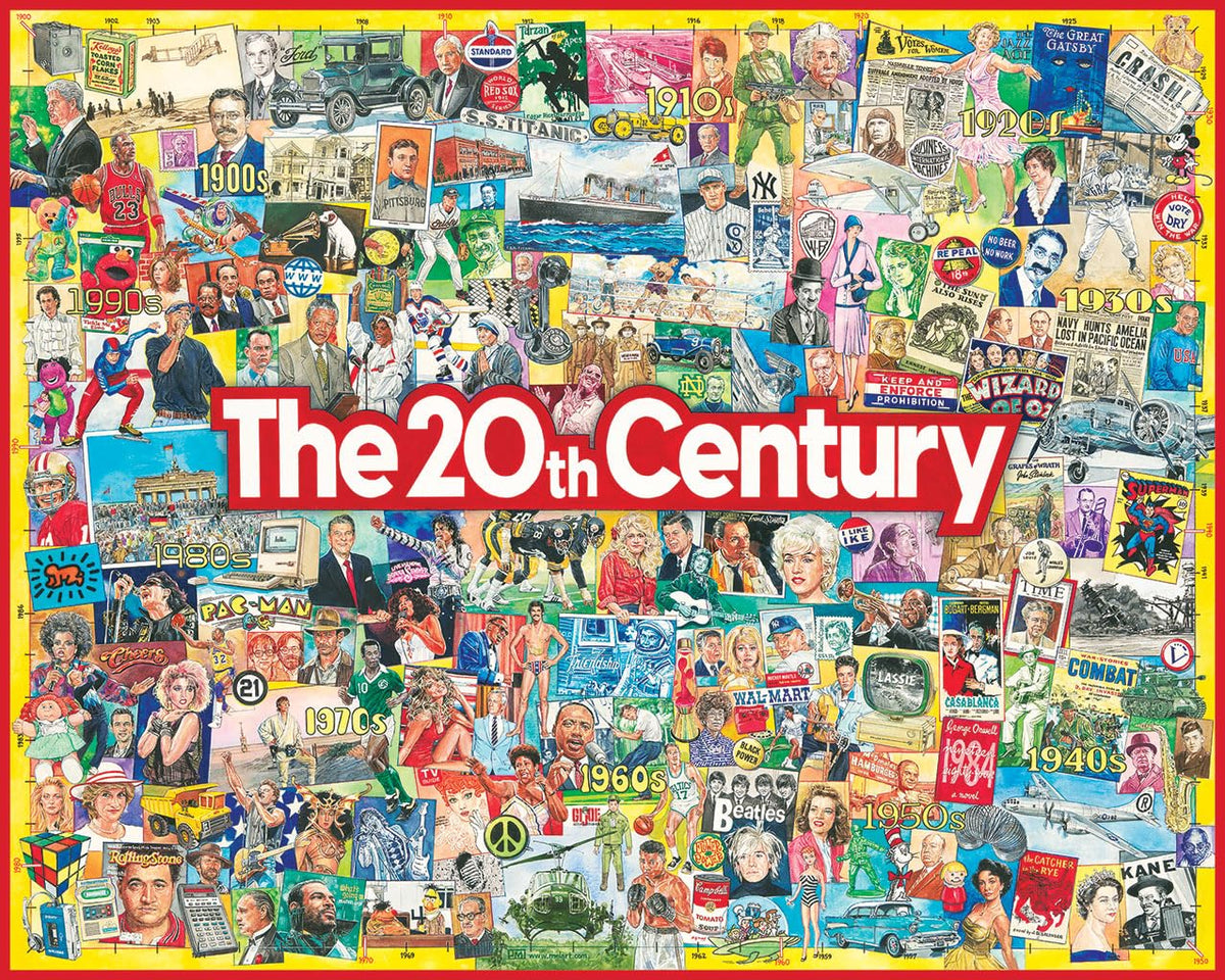 White Mountain Puzzles 20th Century puzzle cover with Jim Mellett collage for family-friendly entertainment.