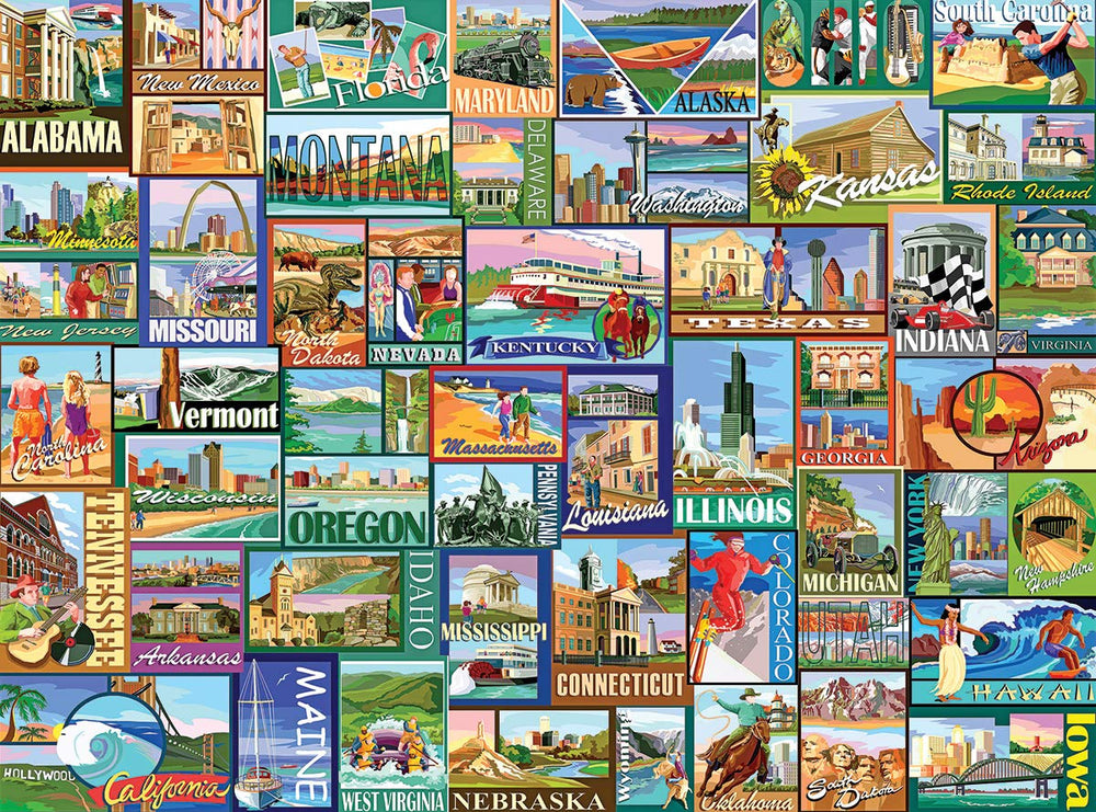 White Mountain Puzzles America 1000-piece puzzle assembled layout; finished image preview.