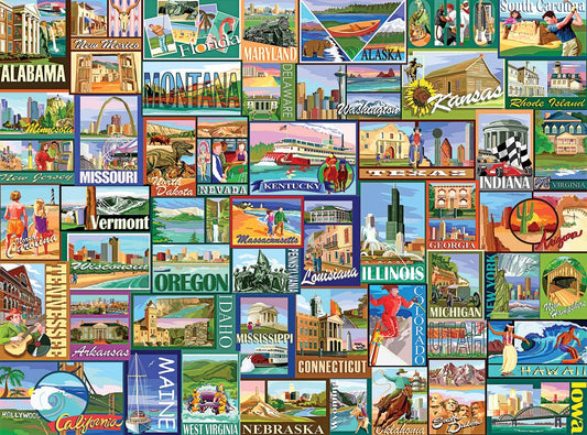 White Mountain Puzzles America 1000-piece puzzle assembled layout; finished image preview.
