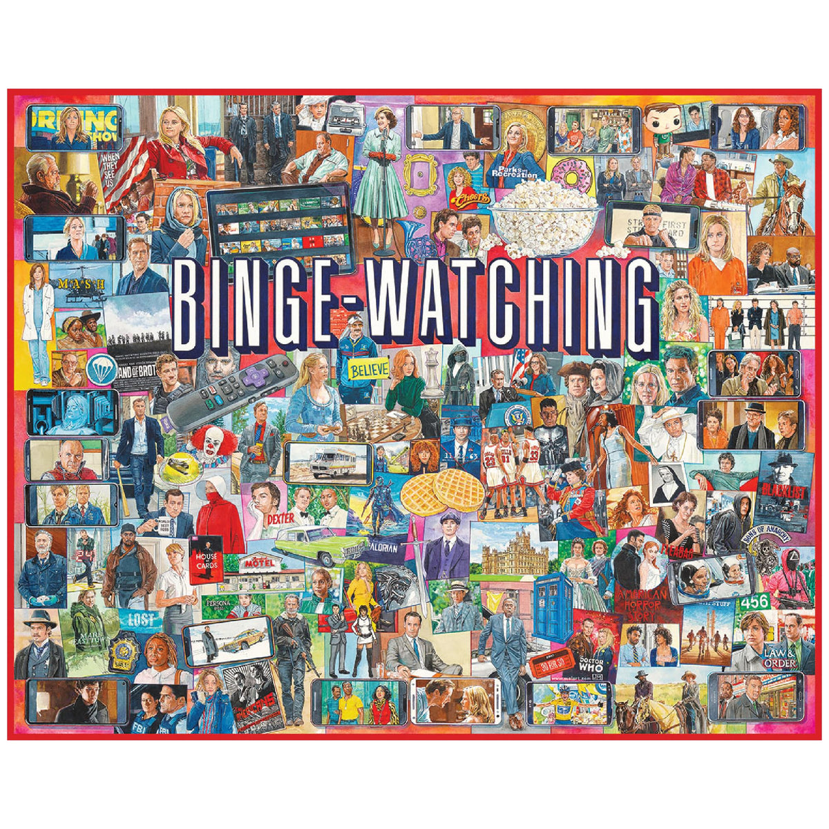 White Mountain Puzzles binge-watching 1000-piece puzzle for immersive family fun and relaxation.