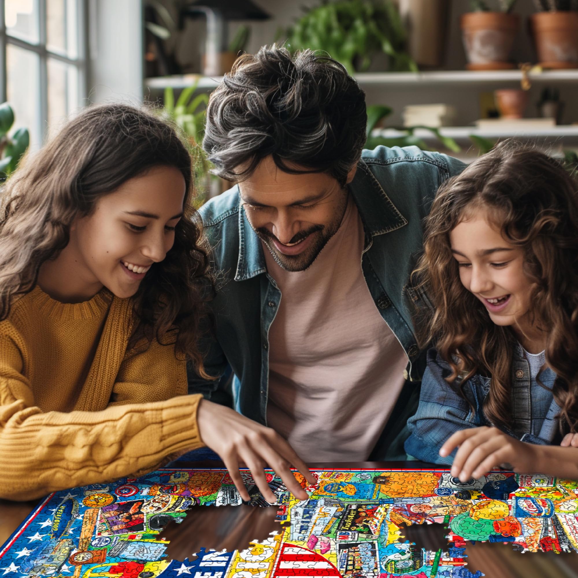 White Mountain Puzzles box lid stand helps everyone reference the image together.
