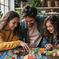 White Mountain Puzzles box lid stand helps everyone reference the image together.
