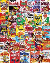 White Mountain Puzzles cereal boxes collage 1000-piece puzzle for family fun and challenge.