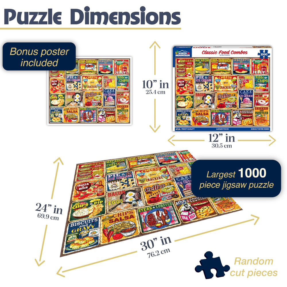 White Mountain Classic Food Combos puzzle box beside the finished 24x30 layout.