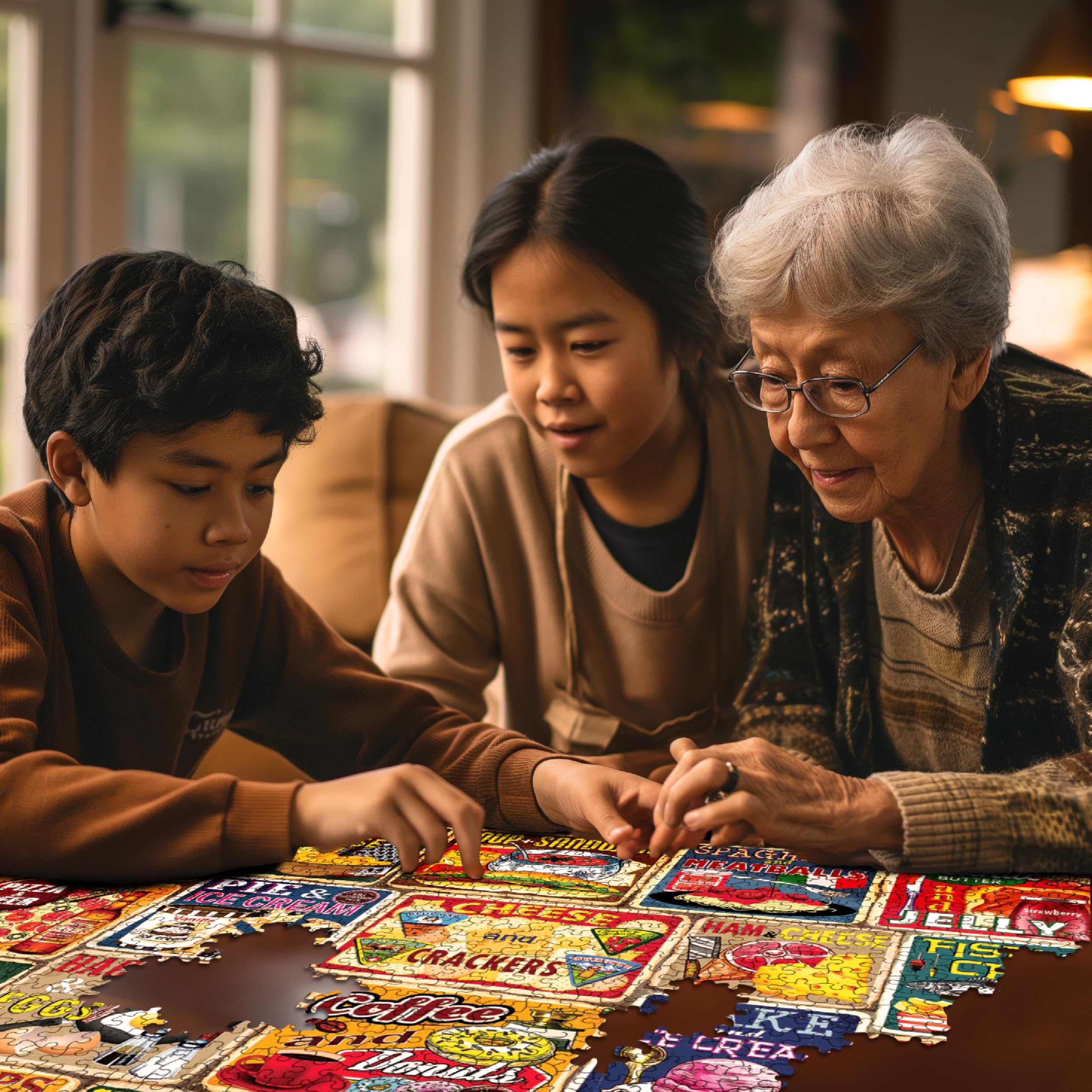 White Mountain Classic Food Combos puzzle pieces scattered on a coffee table for relaxed evenings.