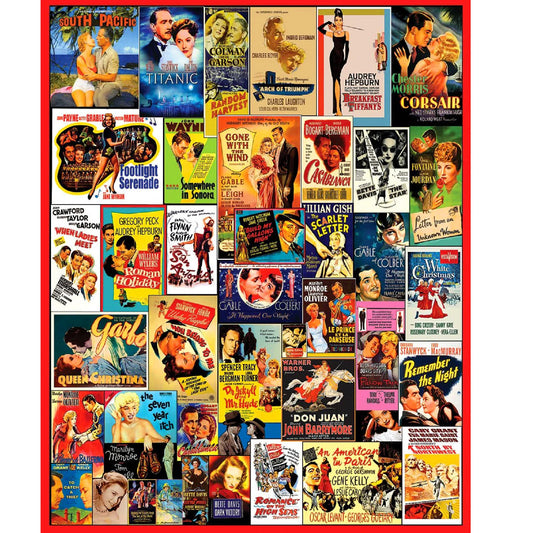 White Mountain Puzzles classic movie posters 1000-piece collage for cinematic nostalgia and mindful focus.