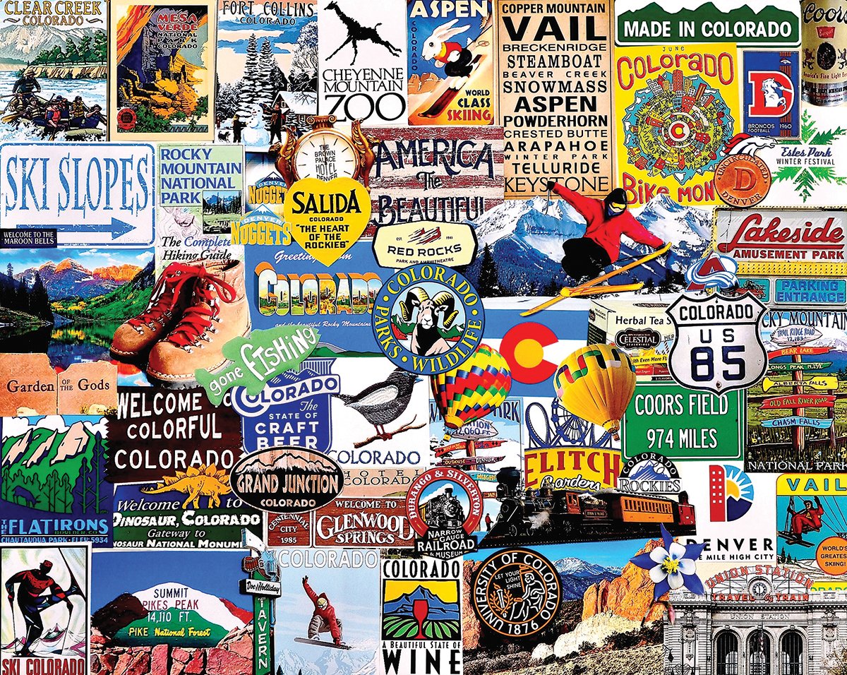 White Mountain Puzzles Colorado landmarks collage showcases iconic sites